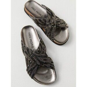 NEW Free People Moon Child Embellished Sandal 39 Black Silver Leather Strap